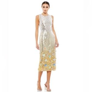 MAC DUGGAL sleeveless sequin floral embellished midi dress 12 NWOT